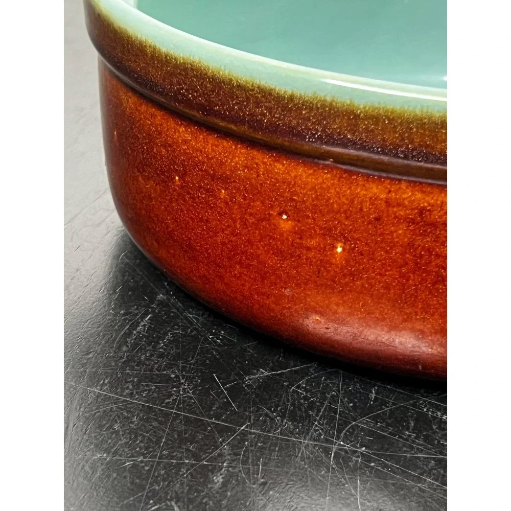 Vintage‎ Ceramic Casserole Dish Brown Turquoise MCM Single Handle 6.5in